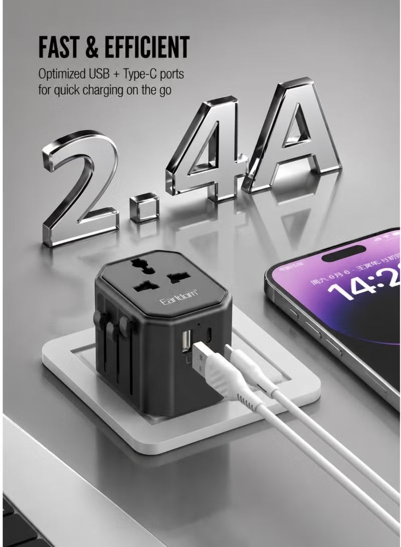 Earldom Universal International Travel Adapter 2500W with USB-A & USB-C 2.4A Charging, Worldwide Multi Plug Charger, UK US EU AU Power Adapter with Safety Fuse & Surge Protection for Compatible Devices - Image 5