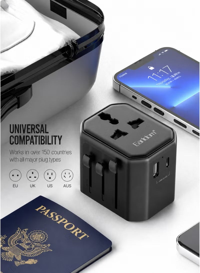 Earldom Universal International Travel Adapter 2500W with USB-A & USB-C 2.4A Charging, Worldwide Multi Plug Charger, UK US EU AU Power Adapter with Safety Fuse & Surge Protection for Compatible Devices - Image 2