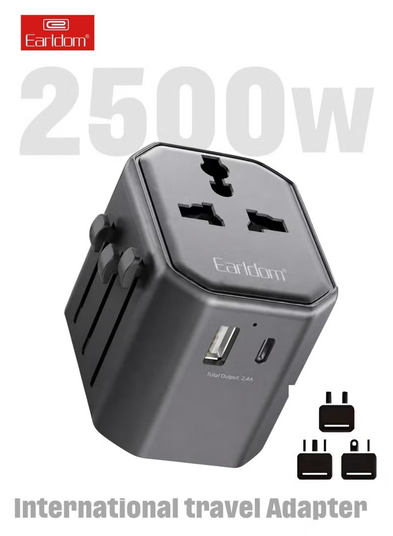 Earldom Universal International Travel Adapter 2500W with USB-A & USB-C 2.4A Charging, Worldwide Multi Plug Charger, UK US EU AU Power Adapter with Safety Fuse & Surge Protection for Compatible Devices - Image 1