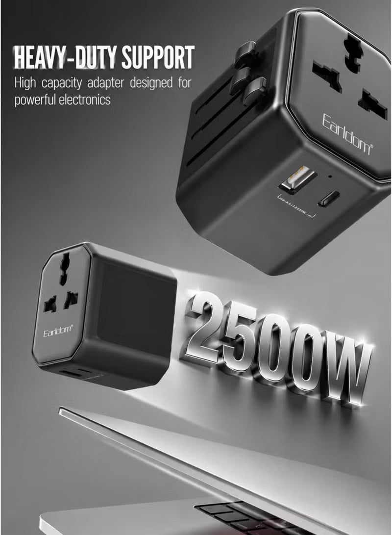 Earldom Universal International Travel Adapter 2500W with USB-A & USB-C 2.4A Charging, Worldwide Multi Plug Charger, UK US EU AU Power Adapter with Safety Fuse & Surge Protection for Compatible Devices - Image 4