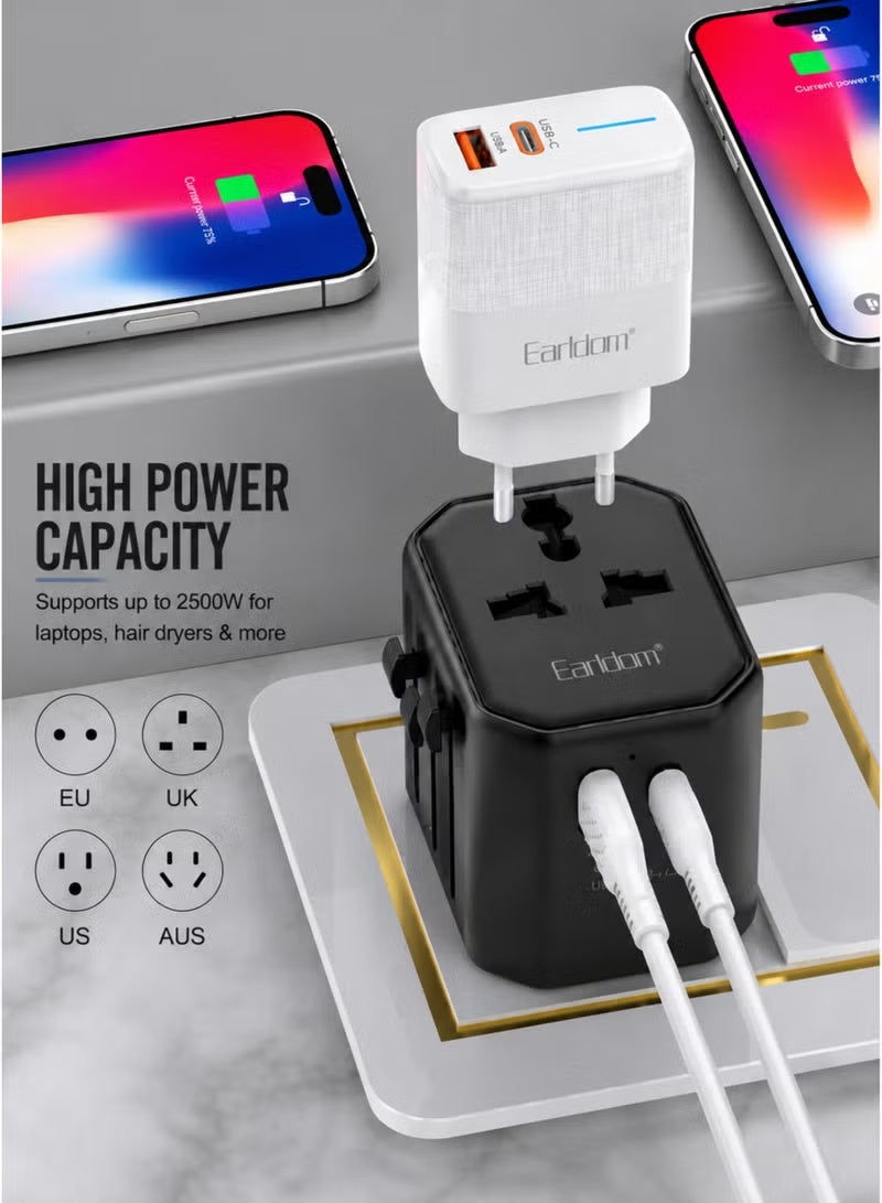 Earldom Universal International Travel Adapter 2500W with USB-A & USB-C 2.4A Charging, Worldwide Multi Plug Charger, UK US EU AU Power Adapter with Safety Fuse & Surge Protection for Compatible Devices - Image 3