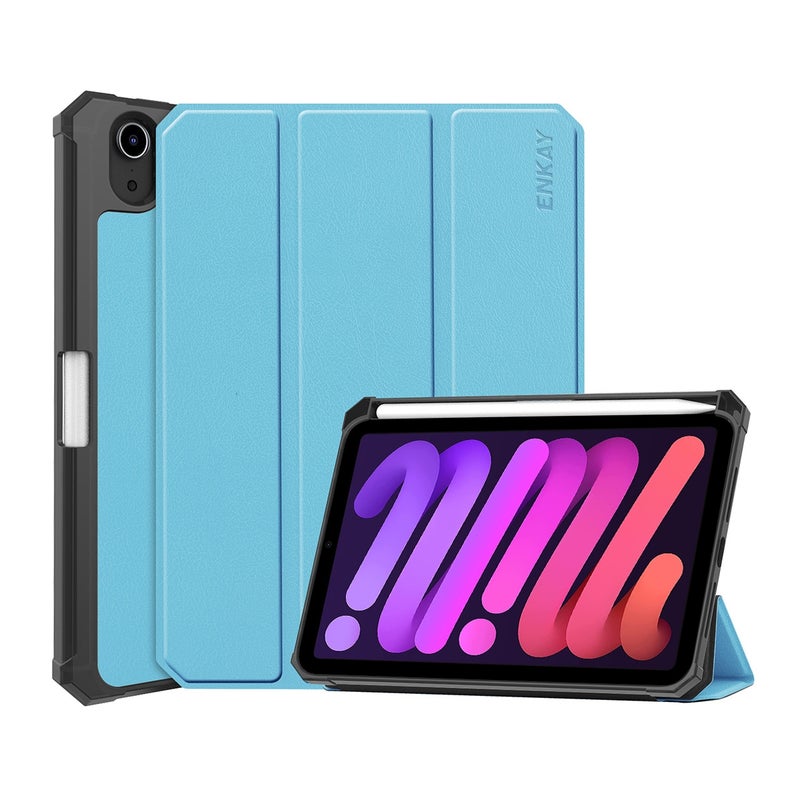 إنكاي حافظة جلدية قابلة للطي أفقيًا لجهاز iPad Mini 2024 / Mini 6 بتصميم أنيق من البولي يوريثان الحراري والبولي يوريثان مع حامل ثلاثي الطي وخاصية السكون/الاستيقاظ وحامل قلم (أزرق فاتح) - Image 1