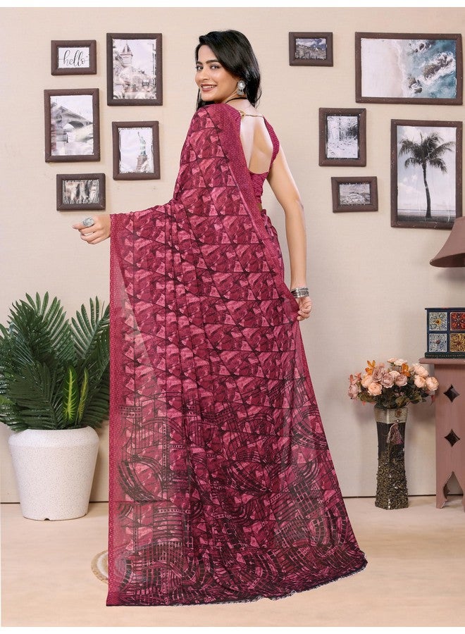 Printed Georgette Saree with Unstitched Blouse Piece for Women (DarkWine)  - Image 2
