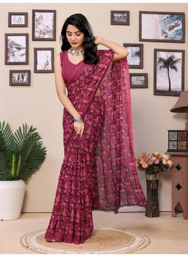 Printed Georgette Saree with Unstitched Blouse Piece for Women (DarkWine)  - Image 5