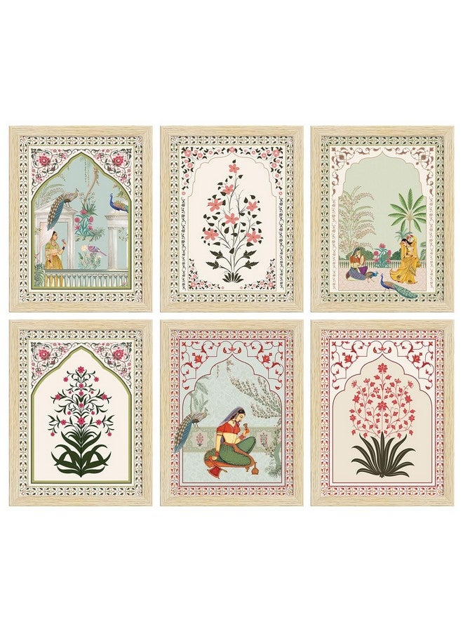 ArtX Paper Indian Rangmala Madhubani Art Paintings with Frame for Home Decor, Wall Painting for Living Room, Multicolor, Natural Wood Color Frames, Set of 6 - Image 1