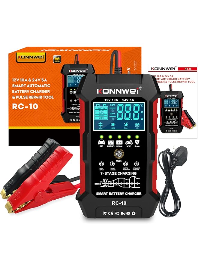 Konnwei 12V 10A 24V 5A Car Battery Charger, 7 Stage Battery Pulse Repair Gel/Agm/Wet/ Lifepo4/ Lithium/Lead Acid/Deep-Cycle Batteries, Smart Fully Automatic Battery Charger For Car Truck Motorcycle Boat - Image 1