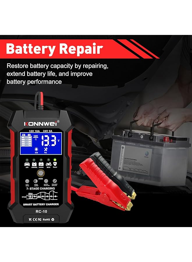 Konnwei 12V 10A 24V 5A Car Battery Charger, 7 Stage Battery Pulse Repair Gel/Agm/Wet/ Lifepo4/ Lithium/Lead Acid/Deep-Cycle Batteries, Smart Fully Automatic Battery Charger For Car Truck Motorcycle Boat - Image 5