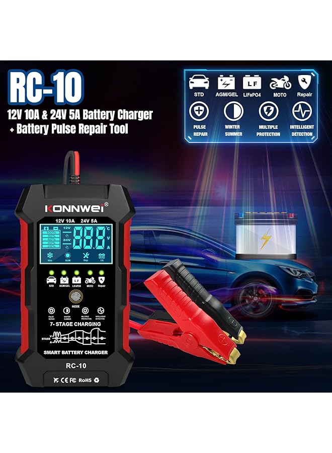 Konnwei 12V 10A 24V 5A Car Battery Charger, 7 Stage Battery Pulse Repair Gel/Agm/Wet/ Lifepo4/ Lithium/Lead Acid/Deep-Cycle Batteries, Smart Fully Automatic Battery Charger For Car Truck Motorcycle Boat - Image 2
