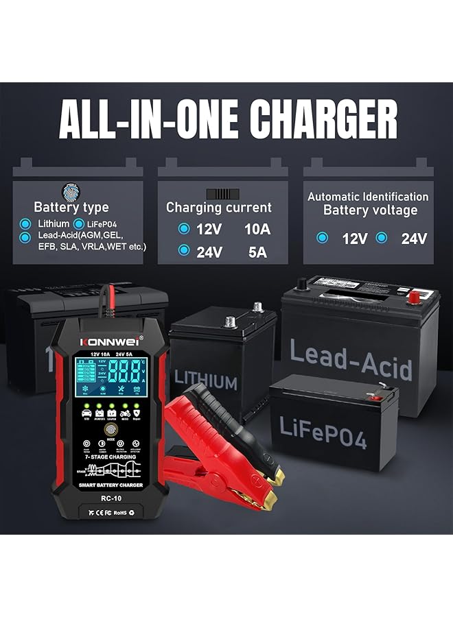 Konnwei 12V 10A 24V 5A Car Battery Charger, 7 Stage Battery Pulse Repair Gel/Agm/Wet/ Lifepo4/ Lithium/Lead Acid/Deep-Cycle Batteries, Smart Fully Automatic Battery Charger For Car Truck Motorcycle Boat - Image 3