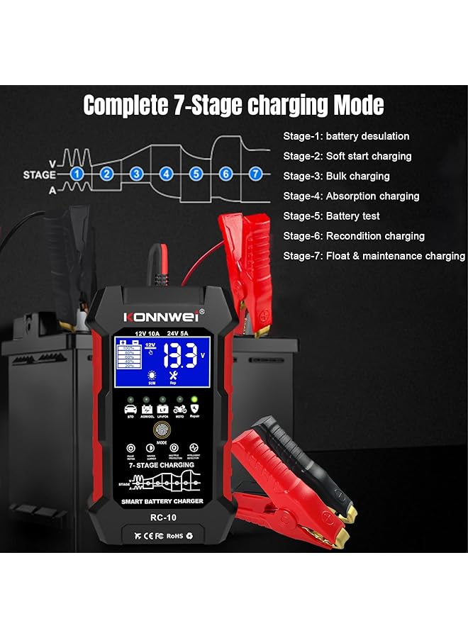 Konnwei 12V 10A 24V 5A Car Battery Charger, 7 Stage Battery Pulse Repair Gel/Agm/Wet/ Lifepo4/ Lithium/Lead Acid/Deep-Cycle Batteries, Smart Fully Automatic Battery Charger For Car Truck Motorcycle Boat - Image 4