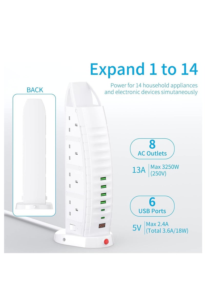 باور ماكس - برج توصيل كهربائي بـ 8 مآخذ مع 6 منافذ USB (2.1A) - 2500 واط 125 فولت-220 فولت جهد عالمي، مقياس جهد رقمي، كابل بطول 5 أمتار - واقي كهربائي أبيض للاستخدام المنزلي/المكتبي/السفر - Image 1