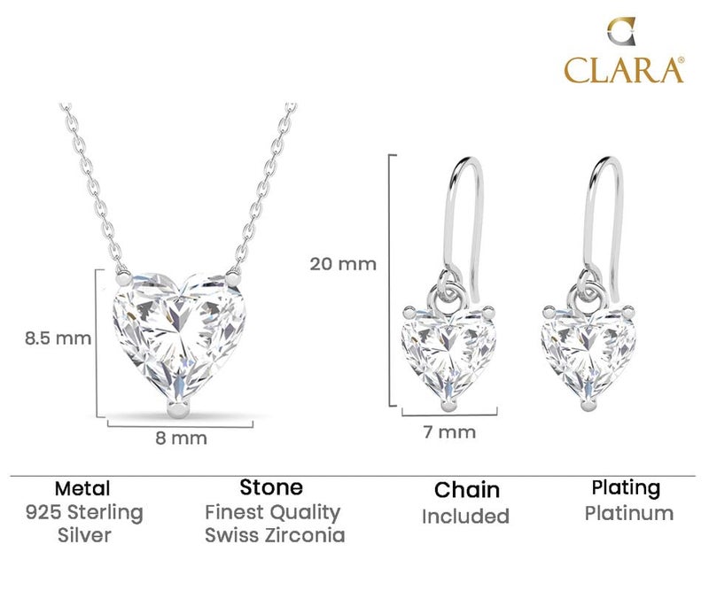 CLARA 925 Sterling Silver Heart's Desire Solitaire Pendant Earrings Chain Necklace Jewellery Set | Platinum Plated, Swiss Zirconia |Gift for Women and Girls - Image 2
