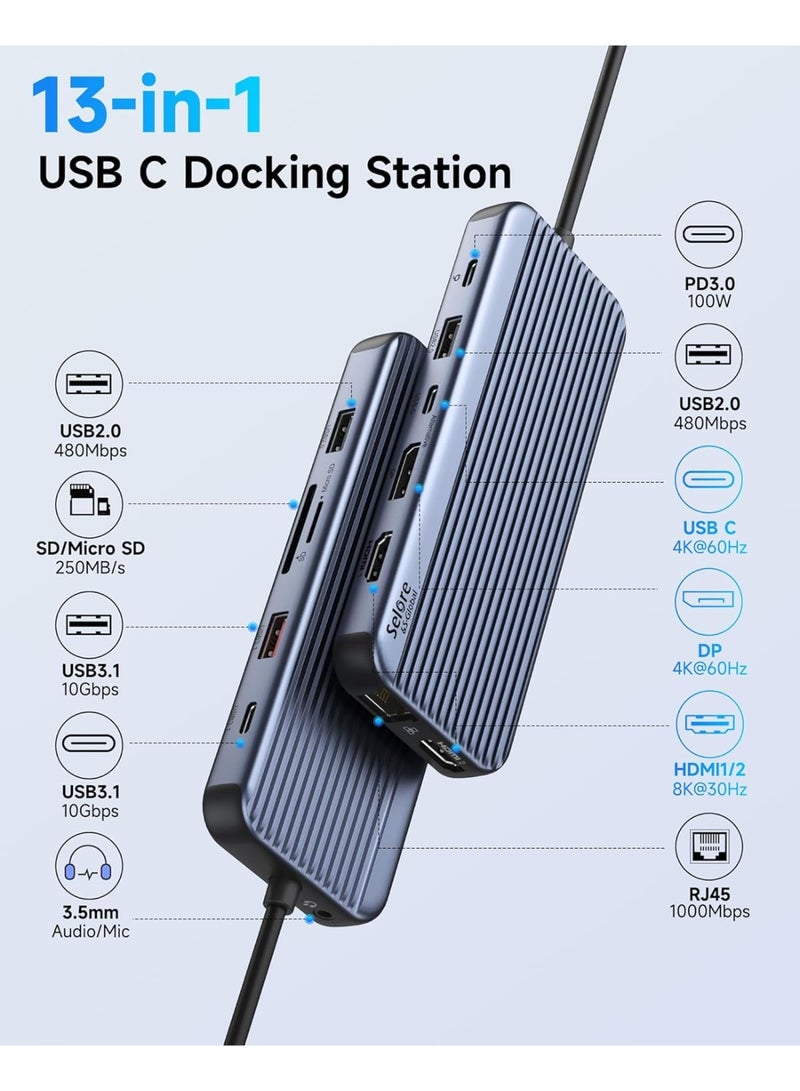 Selore&S-Global Docking Station USB C Dual HDMI, 13 in 1 Video USB C Dock Triple Display with 2 HDMI, 4K DP/USB C (Type-C), 10G USB A/C 3.1, 100W PD, RJ45, SD/TF, 3.5 mm Audio/Mic for HP Dell - Image 3
