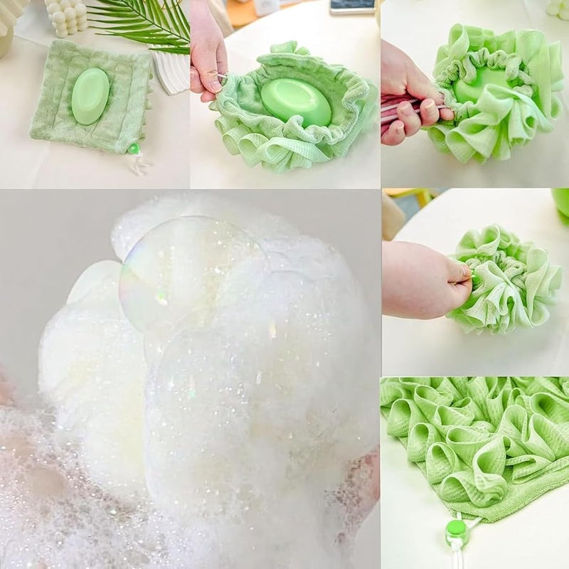 Green Purple Pink 2 in 1 Loofah Washcloth for Bar Soap Exfoliation Body Wash Smooth Skin - Image 1