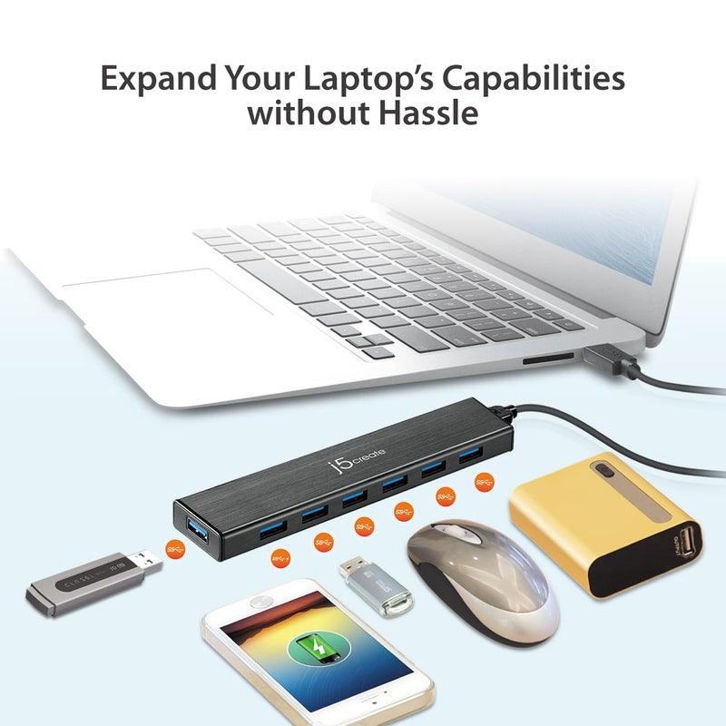 j5create 7-Port Powered USB 3.0 Data Hub with 3.3 ft Extended Cable [20W Power Adapter Included] for Mac, MacBook, Windows, Laptop, Surface, XPS, PC (JUH377) - Image 2