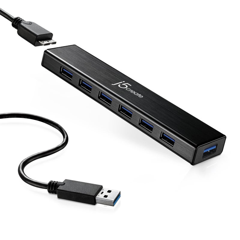 j5create 7-Port Powered USB 3.0 Data Hub with 3.3 ft Extended Cable [20W Power Adapter Included] for Mac, MacBook, Windows, Laptop, Surface, XPS, PC (JUH377) - Image 1