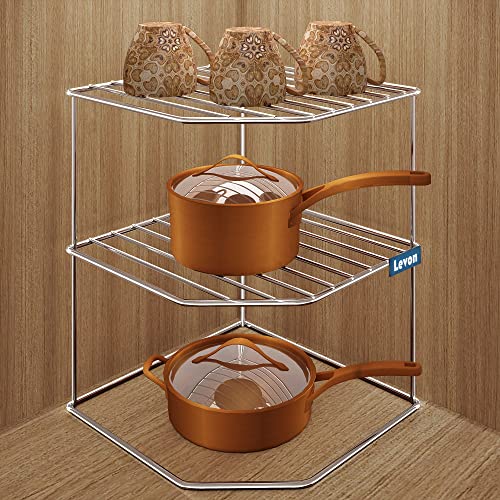 Levon Sturdy Stainless Steel Corner Shelf Rack for Plates, Bowls & Cups in Kitchen - Size (255 x 255 x 320 mm) - Image 2