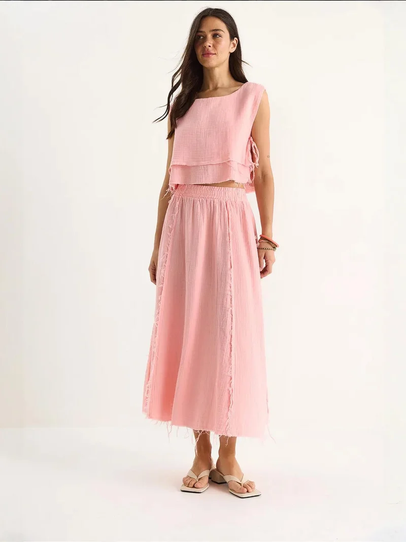 Bianco Lucci LUCCI Textured Blouse & Skirt Muslin Fabric Two-Piece Set