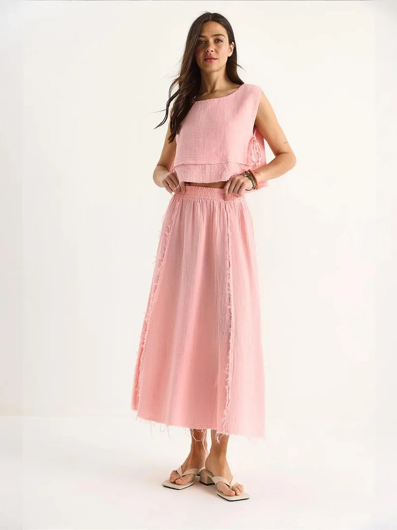 Bianco Lucci LUCCI Textured Blouse & Skirt Muslin Fabric Two-Piece Set