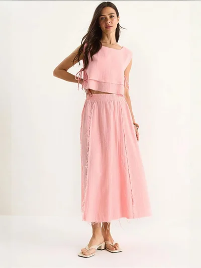 Bianco Lucci LUCCI Textured Blouse & Skirt Muslin Fabric Two-Piece Set