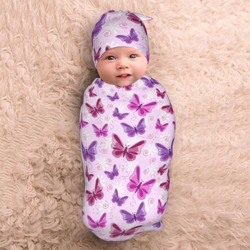 Lcokin Butterfly Baby Stuff Swaddle Blanket Newborn Baby Swaddling Blanket Sleep Sack with Beanie Hat Sets for Boys Girls Infant and Baby Shower Unisex - Image 3