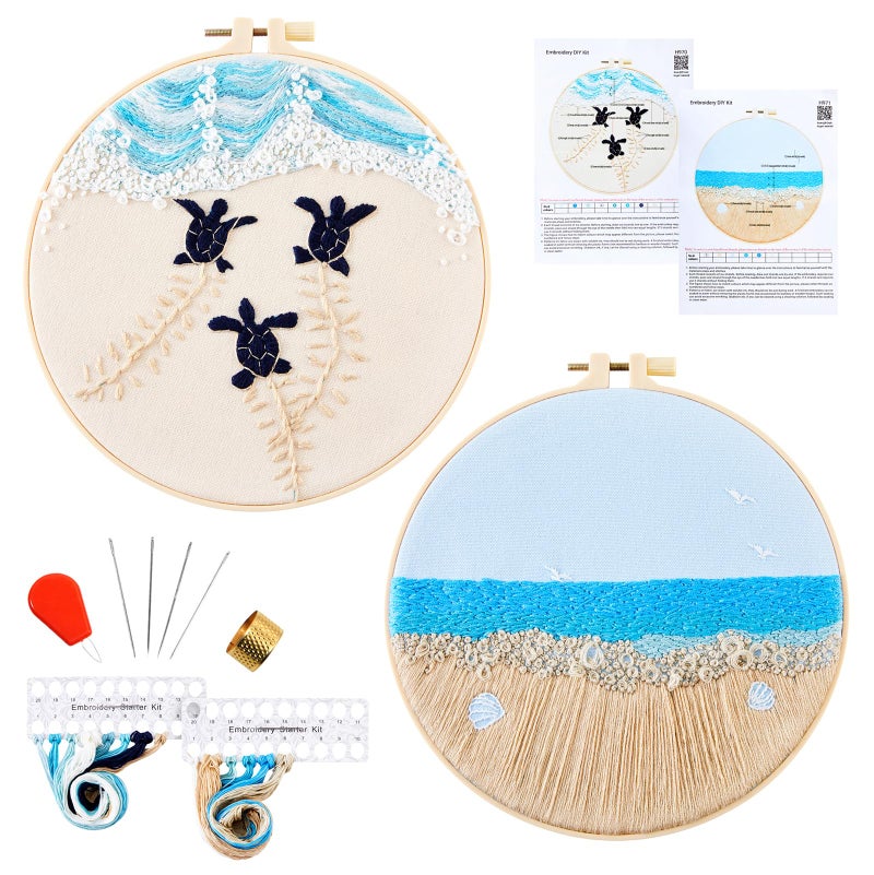 Armindou Embroidery Kit for Beginner Adults, Stamped Cross Stitch kits for Adults Beginners, Ocean Hand Embroidery Starter Needlepoint Kit, 2 Set Embroidery Supplies, 2 Hoops (Attached Teaching Video QR Code) - Image 1