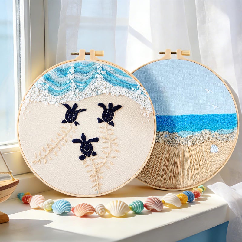 Armindou Embroidery Kit for Beginner Adults, Stamped Cross Stitch kits for Adults Beginners, Ocean Hand Embroidery Starter Needlepoint Kit, 2 Set Embroidery Supplies, 2 Hoops (Attached Teaching Video QR Code) - Image 2