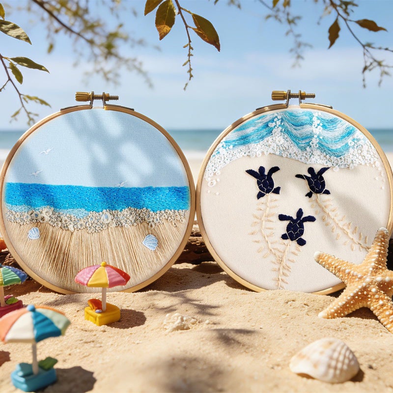 Armindou Embroidery Kit for Beginner Adults, Stamped Cross Stitch kits for Adults Beginners, Ocean Hand Embroidery Starter Needlepoint Kit, 2 Set Embroidery Supplies, 2 Hoops (Attached Teaching Video QR Code) - Image 3