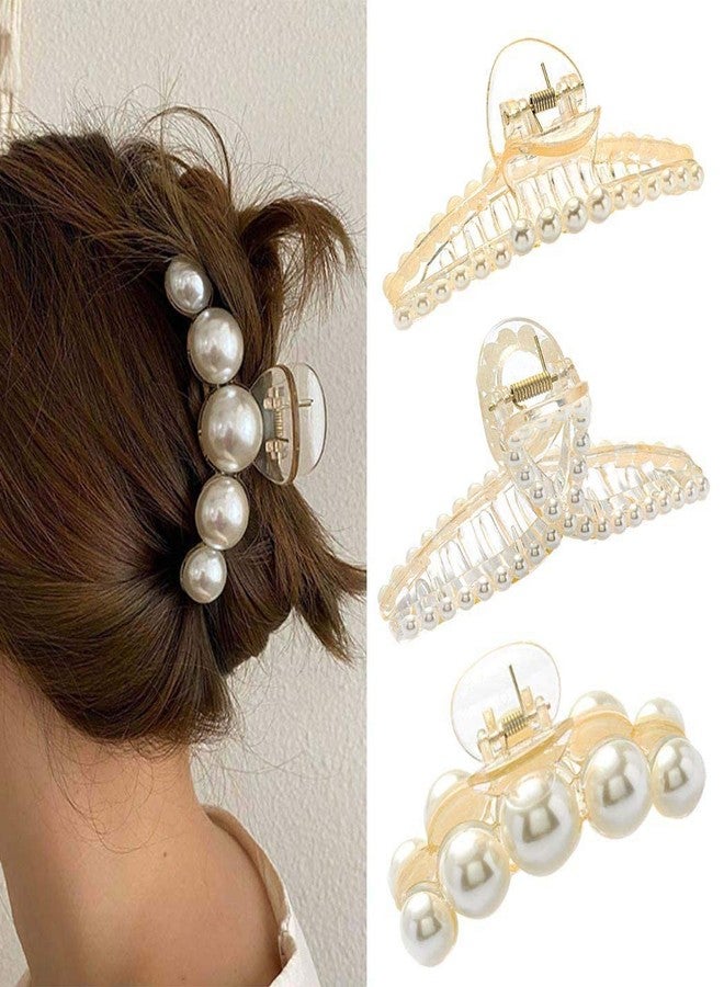 ANNACREATIONS 3 Pcs Korean Fashionable Fancy Stylish Large Pearl Hair Claw Clips Long Hair Jaw Clips Clutches Barrettes Hair Accessories for Women and Girls - Image 1