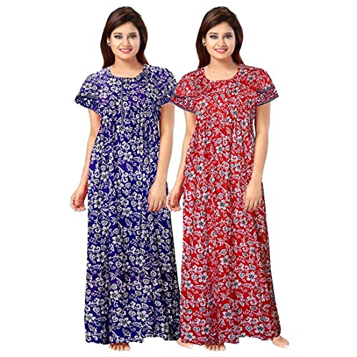 NEGLIGEE Women's Cotton Floral Maxi Nighty (GW2C2120_Blue & Red_Free Size) - Image 3