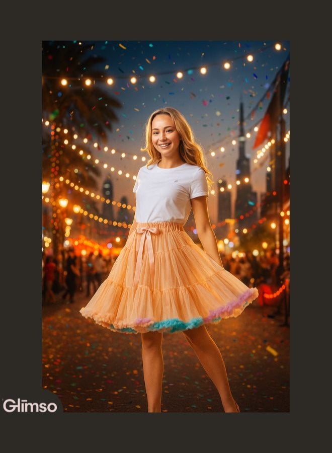 Glimso Women tutu skirt Festival Fluffy Layered Tulle Skirt Ladies Dance Party Rainbow Ruffle Trim Elastic Waist Costume Ballet Underskirt Puffy Skater Peach L  - Image 1