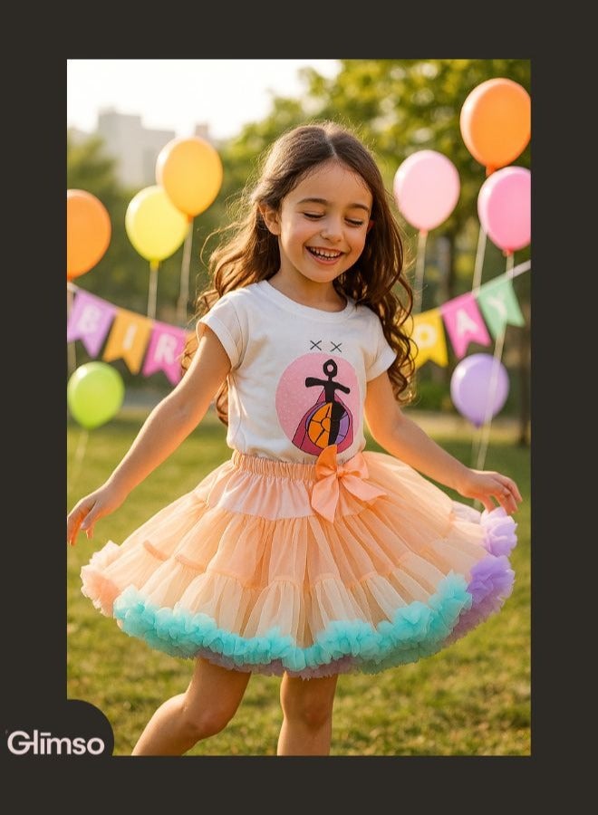Glimso Women tutu skirt Festival Fluffy Layered Tulle Skirt Ladies Dance Party Rainbow Ruffle Trim Elastic Waist Costume Ballet Underskirt Puffy Skater Peach L  - Image 2