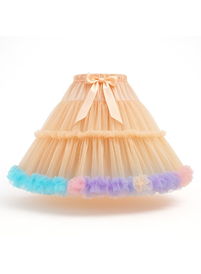 Glimso Women tutu skirt Festival Fluffy Layered Tulle Skirt Ladies Dance Party Rainbow Ruffle Trim Elastic Waist Costume Ballet Underskirt Puffy Skater Peach L  - Image 3
