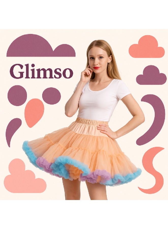 Glimso Women tutu skirt Festival Fluffy Layered Tulle Skirt Ladies Dance Party Rainbow Ruffle Trim Elastic Waist Costume Ballet Underskirt Puffy Skater Peach L  - Image 5