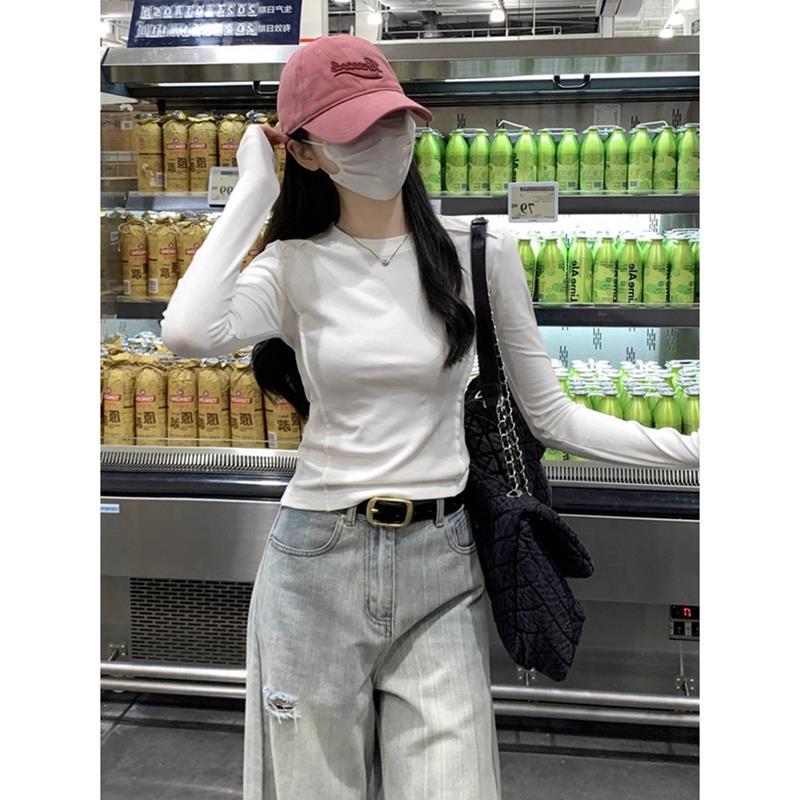 White T-Shirt Women'S Design Sense Fish Bone Shoulder Base Shirt Simple Basic Style Inner Long Sleeve Top Trendy - Image 3