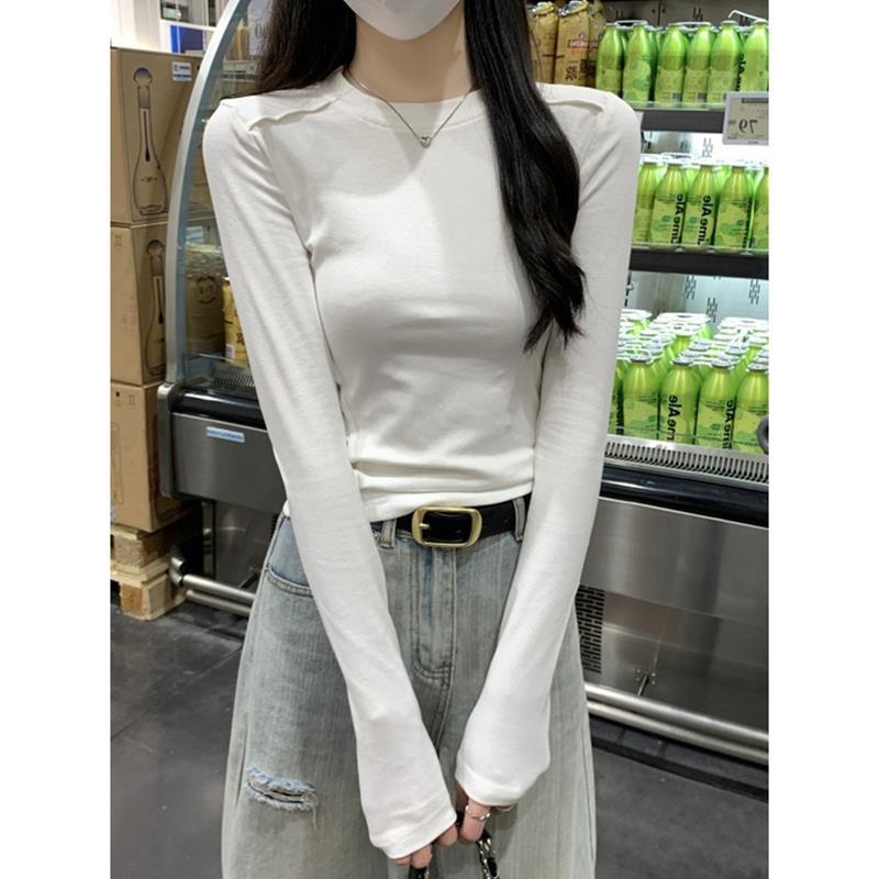 White T-Shirt Women'S Design Sense Fish Bone Shoulder Base Shirt Simple Basic Style Inner Long Sleeve Top Trendy - Image 2