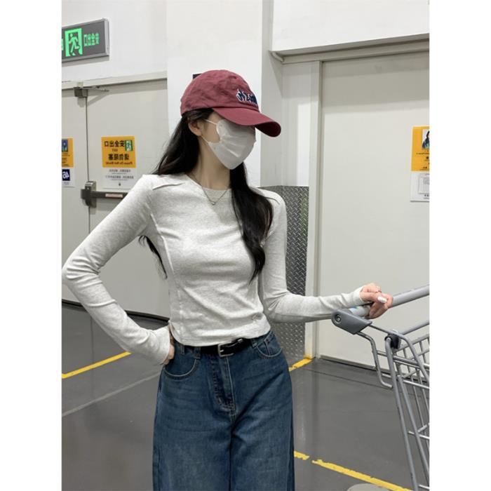 White T-Shirt Women'S Design Sense Fish Bone Shoulder Base Shirt Simple Basic Style Inner Long Sleeve Top Trendy - Image 1