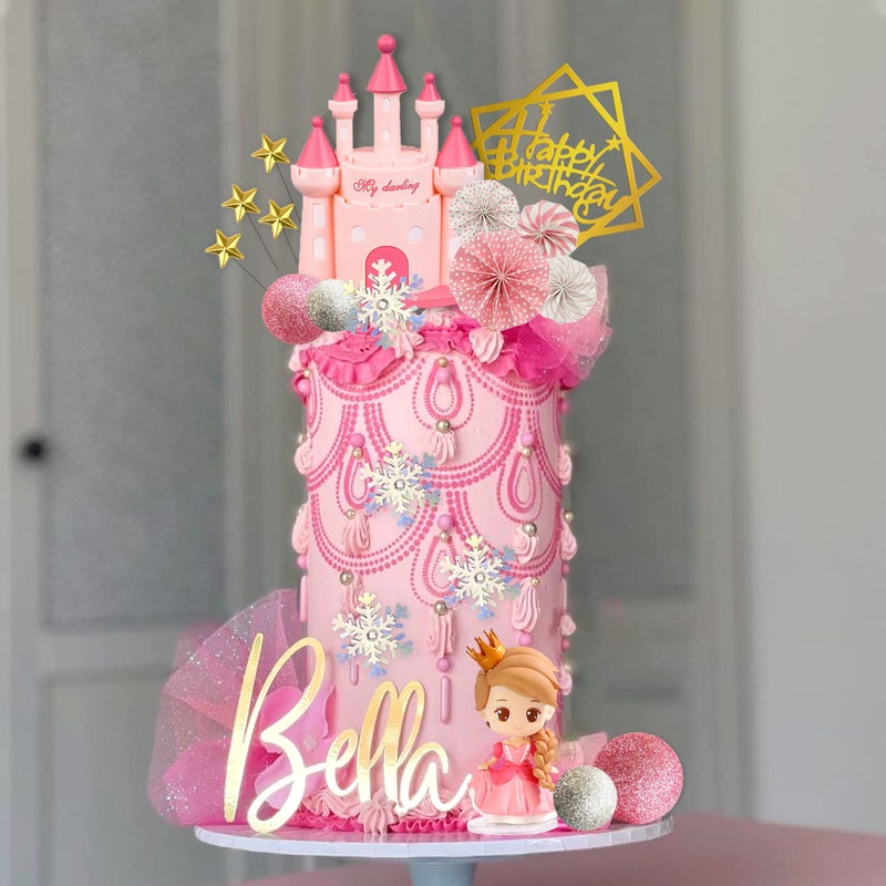 DRWATE 19 PCS Princess Cake Topper Castle Cake Decoration with Snowflake and Stars for Princess Birthday Supplies (Pink) - Image 4