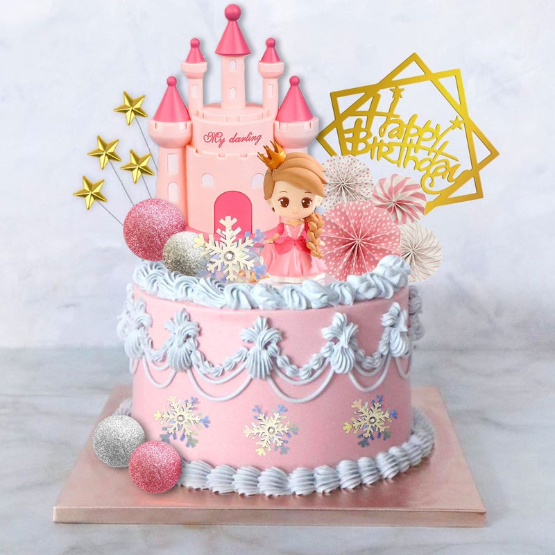 DRWATE 19 PCS Princess Cake Topper Castle Cake Decoration with Snowflake and Stars for Princess Birthday Supplies (Pink) - Image 5