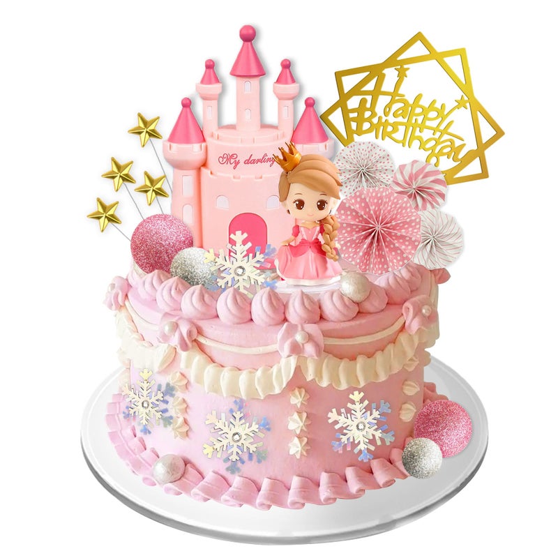 DRWATE 19 PCS Princess Cake Topper Castle Cake Decoration with Snowflake and Stars for Princess Birthday Supplies (Pink) - Image 1