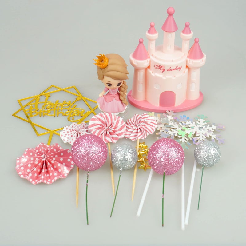 DRWATE 19 PCS Princess Cake Topper Castle Cake Decoration with Snowflake and Stars for Princess Birthday Supplies (Pink) - Image 3