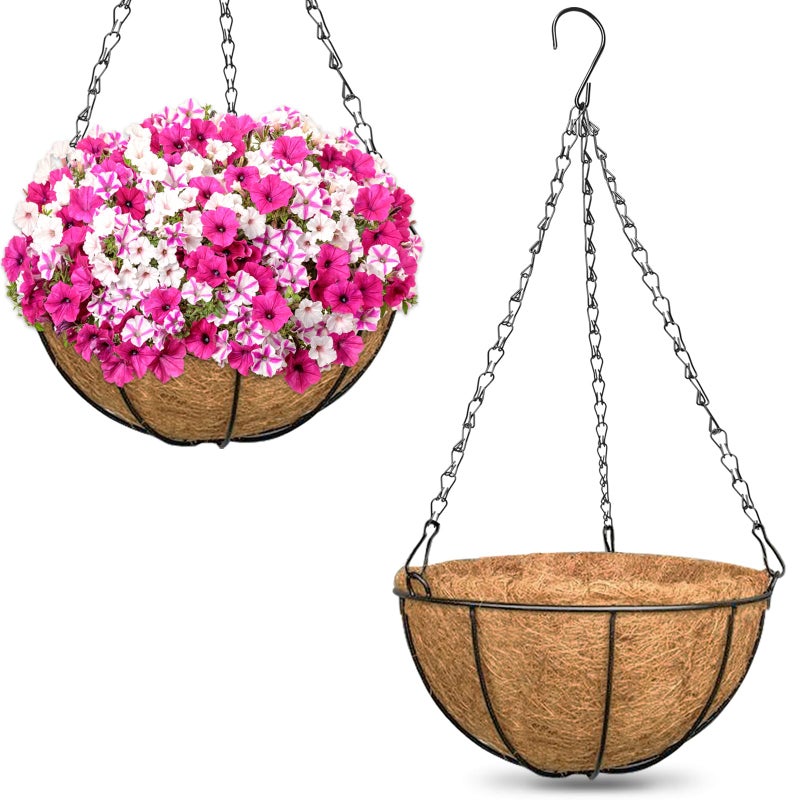 ZeeDix 12 Inch Hanging Baskets for Plants, 2 Pack Metal Round Hanging Planter with Coconut Liners Replacement, Hanging Flower Pots for Outdoor Indoor Plants Flowers Vegetables - Image 1