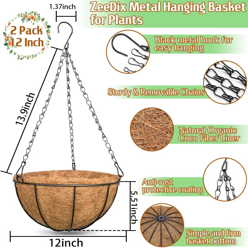 ZeeDix 12 Inch Hanging Baskets for Plants, 2 Pack Metal Round Hanging Planter with Coconut Liners Replacement, Hanging Flower Pots for Outdoor Indoor Plants Flowers Vegetables - Image 2