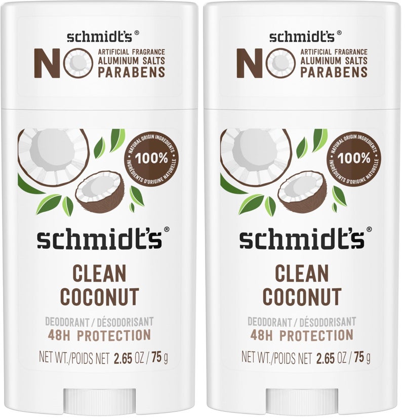Schmidt's Aluminum-Free Vegan Deodorant Clean Coconut for Women and Men, with 24 Hour Odor Protection, Natural Ingredients, Cruelty-Free, 2.65 oz (Pack of 2) - Image 1