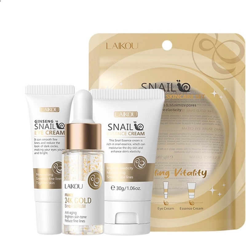 Snail Mucin Skin Care SetGold Snail SerumGinseng Snail Eye CreamSnail Essence Cream 3 in 1Improve Damaged Skin Lmproves Elasticity and Minimizes Pores3pcs