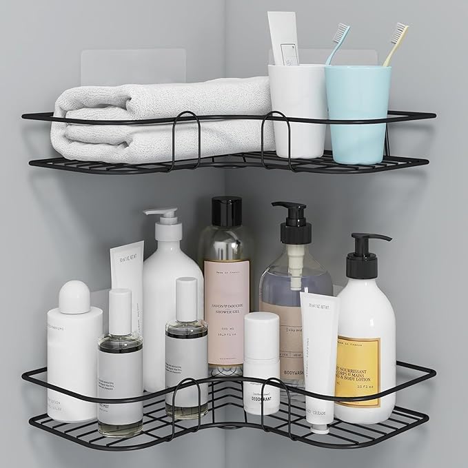 BKQPTL Wall Mounted Self Adhesive Corner Shelf for Bathroom/Adhesive Shelf for Kitchen with Magic Sticker/Bathroom Organizer Without Drill | GI Metal-Black Pack of 2 - Image 1