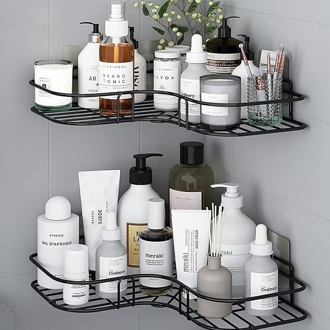BKQPTL Wall Mounted Self Adhesive Corner Shelf for Bathroom/Adhesive Shelf for Kitchen with Magic Sticker/Bathroom Organizer Without Drill | GI Metal-Black Pack of 2 - Image 4
