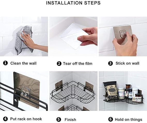 BKQPTL Wall Mounted Self Adhesive Corner Shelf for Bathroom/Adhesive Shelf for Kitchen with Magic Sticker/Bathroom Organizer Without Drill | GI Metal-Black Pack of 2 - Image 5