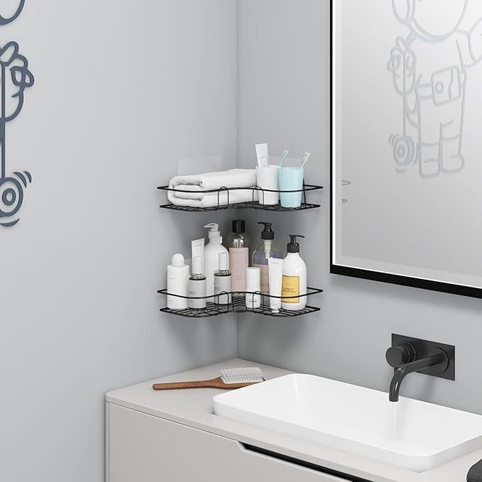 BKQPTL Wall Mounted Self Adhesive Corner Shelf for Bathroom/Adhesive Shelf for Kitchen with Magic Sticker/Bathroom Organizer Without Drill | GI Metal-Black Pack of 2 - Image 2