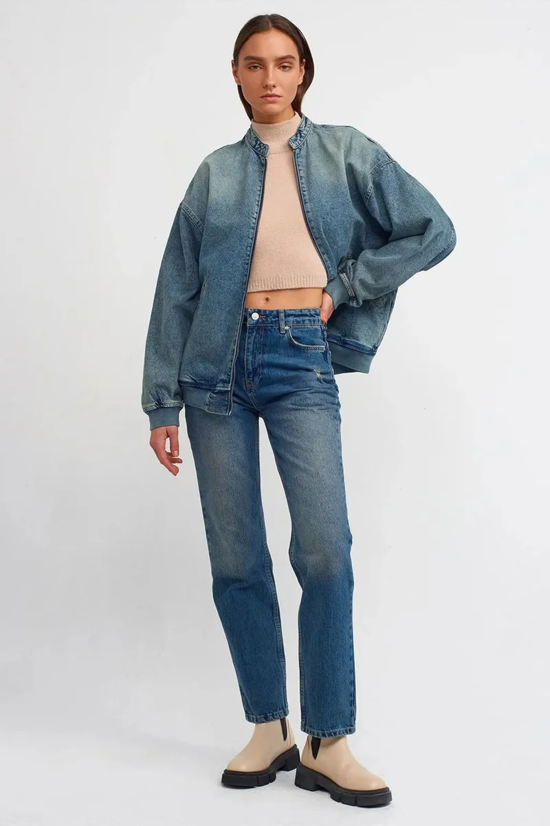 Dilvin Mid Blue Denim DILVIN Oversized Bomber Jacket for Women | Best Price UAE
